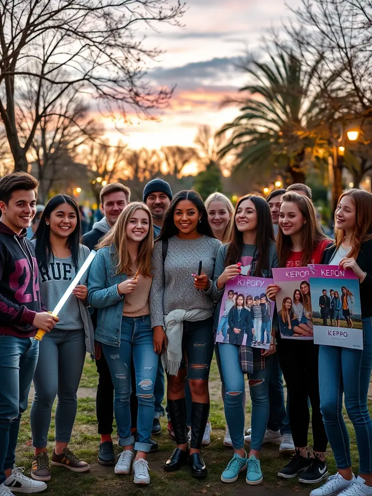 A photo of a K-Pop fan gathering in Montpellier, France, showcasing a diverse group of people bonding over their shared love for K-Pop.