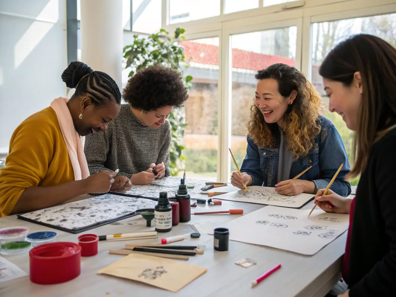 A diverse group of participants engaged in a Korean calligraphy workshop, carefully practicing brushstrokes on traditional paper, surrounded by ink stones, brushes, and examples of elegant calligraphy.