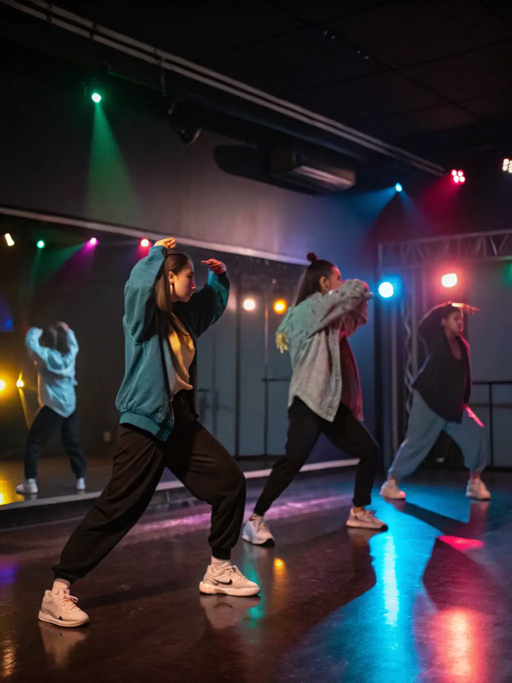 A dynamic image capturing a K-Pop dance class in Montpellier, France, with participants energetically following the instructor's moves.
