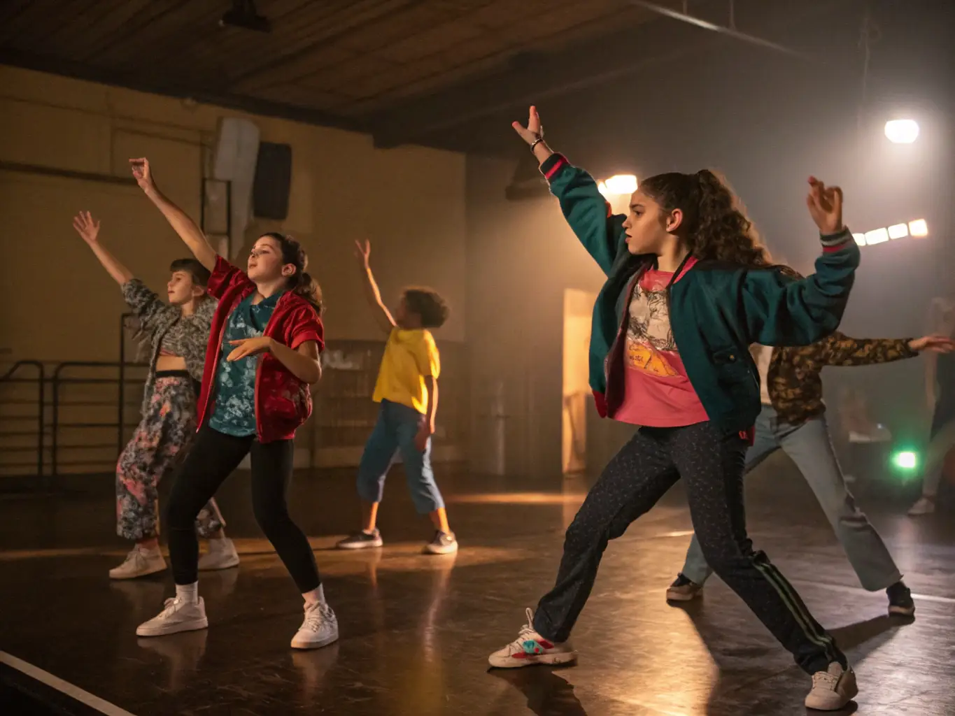 A group of young adults enthusiastically participating in a K-POP dance workshop, showcasing energetic moves and vibrant expressions, set against a backdrop of a modern dance studio with colorful lighting.