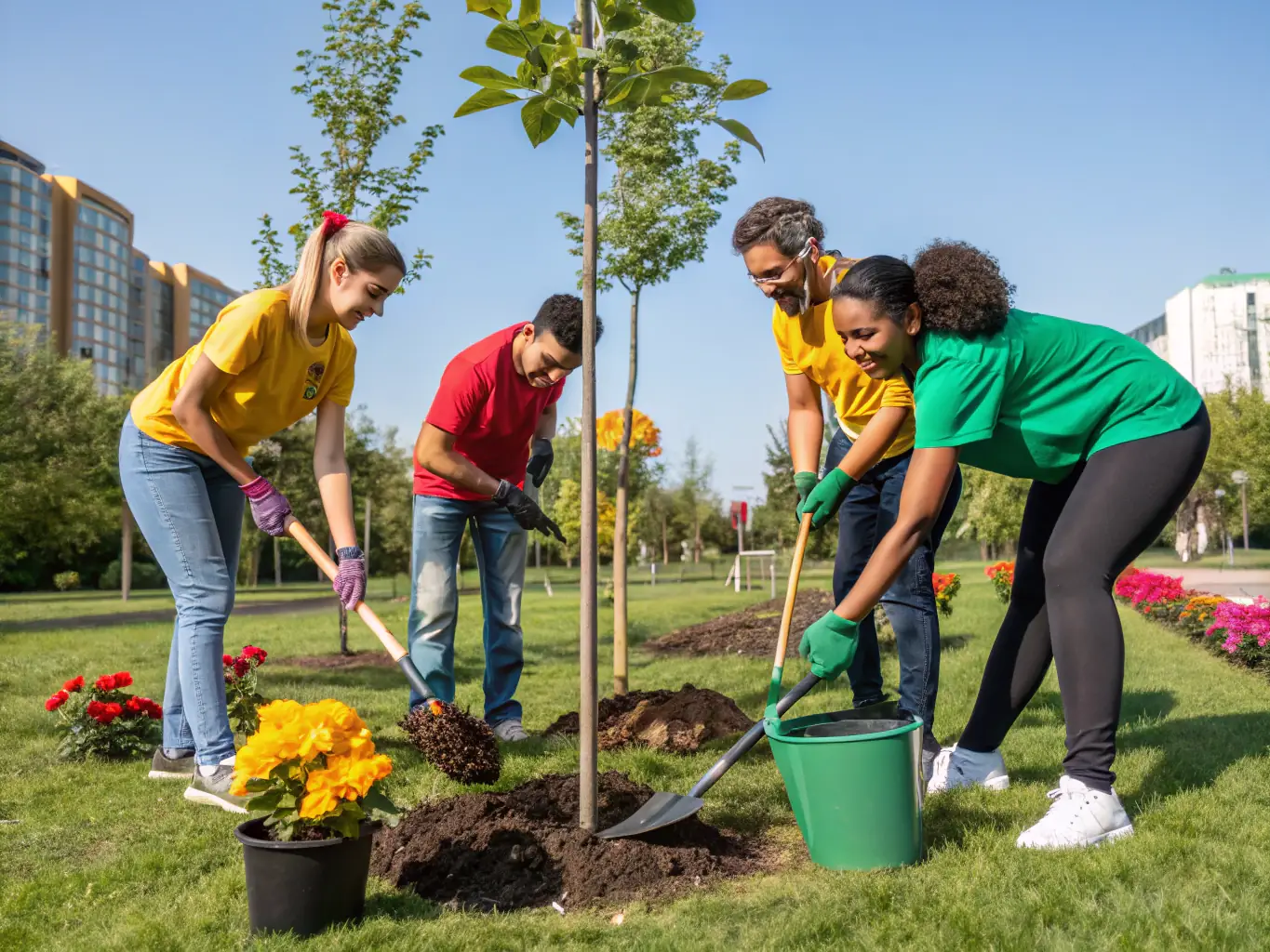 Volunteers and community members working together to maintain and improve a local disc golf course, planting trees, clearing brush, and installing new baskets.
