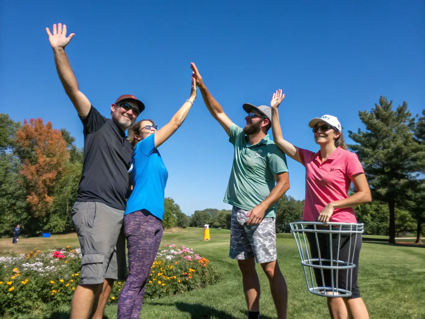 A group of disc golf enthusiasts participating in a training session on a sunny course, demonstrating proper throwing techniques and form.